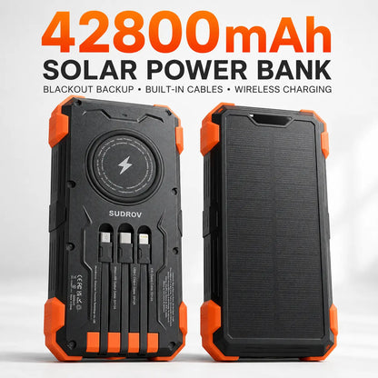42800mAh Solar Portable Power Bank 15W Fast Charge | Wireless Charging, 4 Built-in Cables & 7 Output Ports