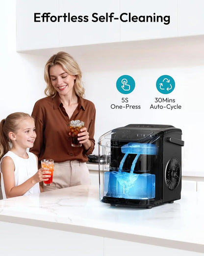 Self-Cleaning Portable Ice Maker, Produces 9 Ice Cubes in 6 Mins, 26 Lbs Ice Per 24 Hours, Ideal for Home, Kitchen, Camping & RV Use