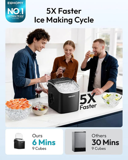 Self-Cleaning Portable Ice Maker, Produces 9 Ice Cubes in 6 Mins, 26 Lbs Ice Per 24 Hours, Ideal for Home, Kitchen, Camping & RV Use