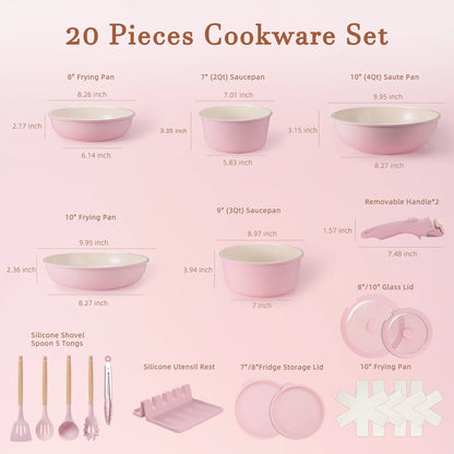 20pcs Non-Stick Pots and Pans Set with Detachable Handle