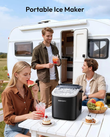 Self-Cleaning Portable Ice Maker, Produces 9 Ice Cubes in 6 Mins, 26 Lbs Ice Per 24 Hours, Ideal for Home, Kitchen, Camping & RV Use