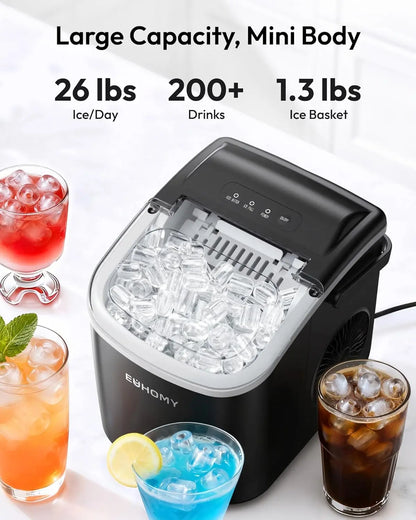 Self-Cleaning Portable Ice Maker, Produces 9 Ice Cubes in 6 Mins, 26 Lbs Ice Per 24 Hours, Ideal for Home, Kitchen, Camping & RV Use