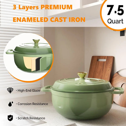 Enameled Cast Iron Round Dutch Oven, 5/6/7.5QT Pot with Lid &Dual Handles with Silicone Gloves,Oven Safe up to 500°F.