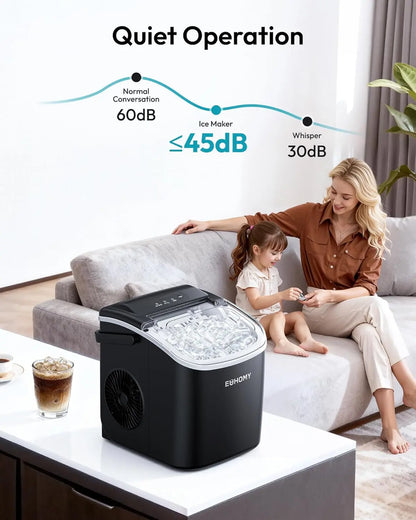 Self-Cleaning Portable Ice Maker, Produces 9 Ice Cubes in 6 Mins, 26 Lbs Ice Per 24 Hours, Ideal for Home, Kitchen, Camping & RV Use