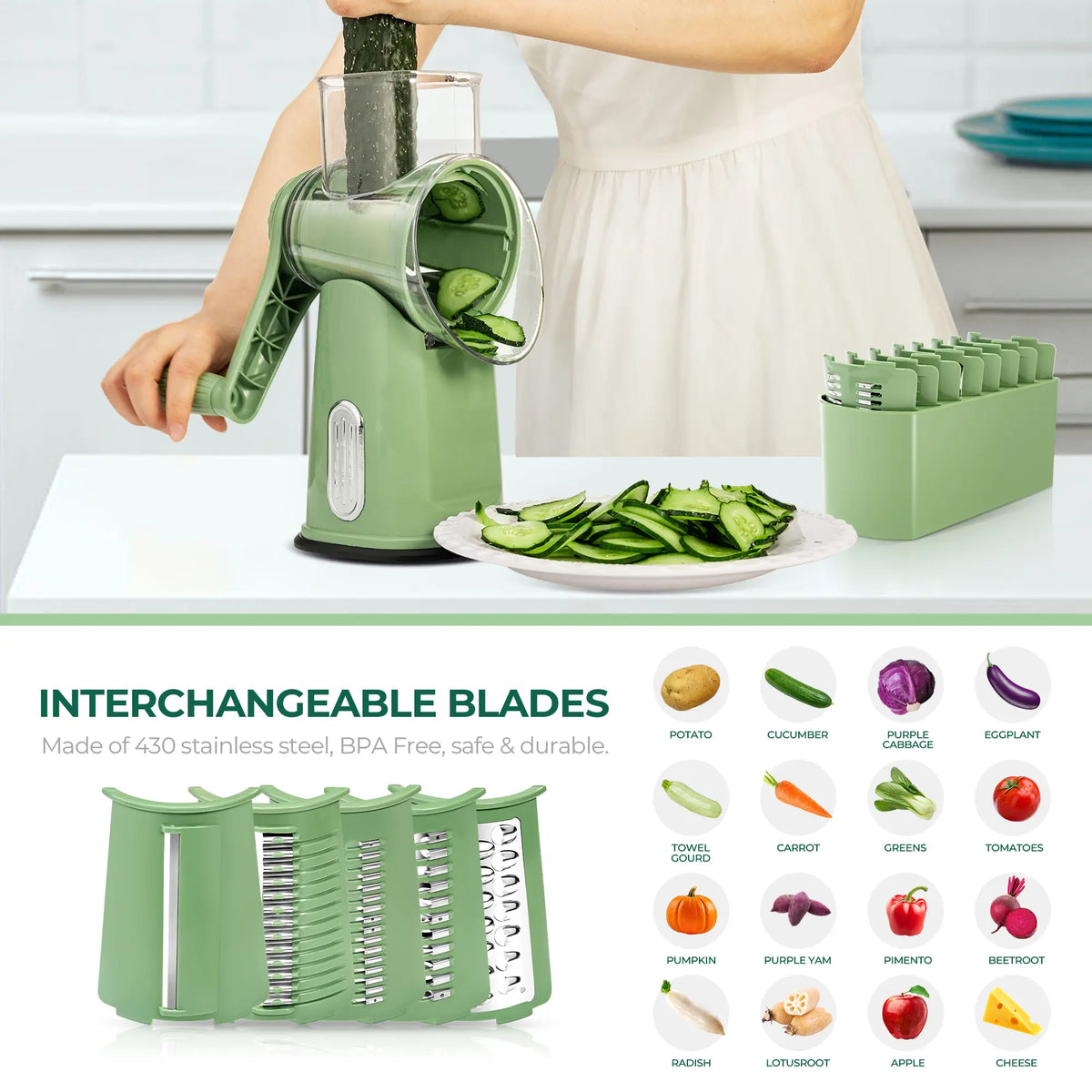 Rotary Grater | 5 Exquisitely Designed Blades in Different Shapes + Heavy-Duty Suction Cup Base